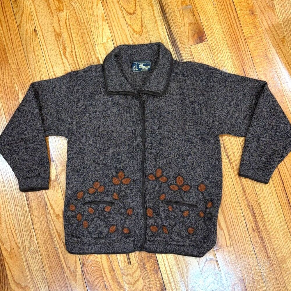 Vintage Artesanias Jose Cotacachi Handknit Alpaca Embroidered Brown Cardigan S/M